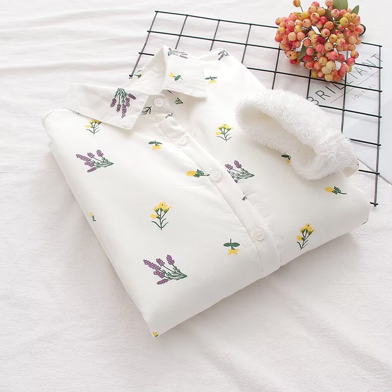 2023 Autumn and Winter New Tops Long Sleeve Shirts for Women Korean Style Lavender Print Leaves Pure Cotton Soft Shirts