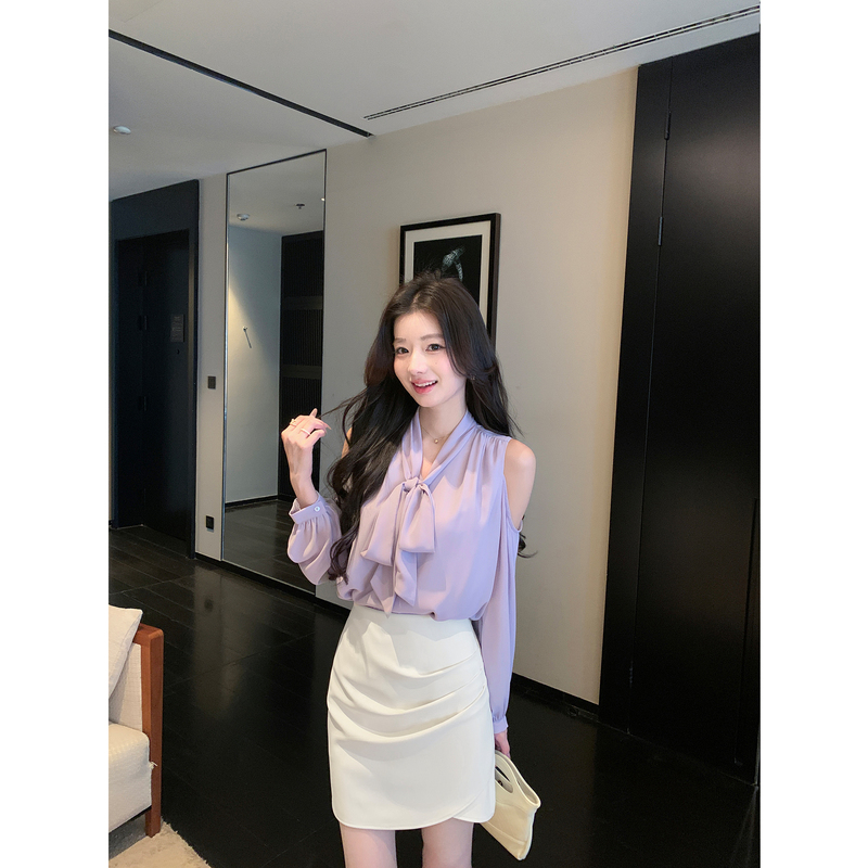 1Xtwo Crimson Flower Language Elegant V-Neck Off-Shoulder Blouse Women's Bow Ribbon Loose Chiffon Shirt