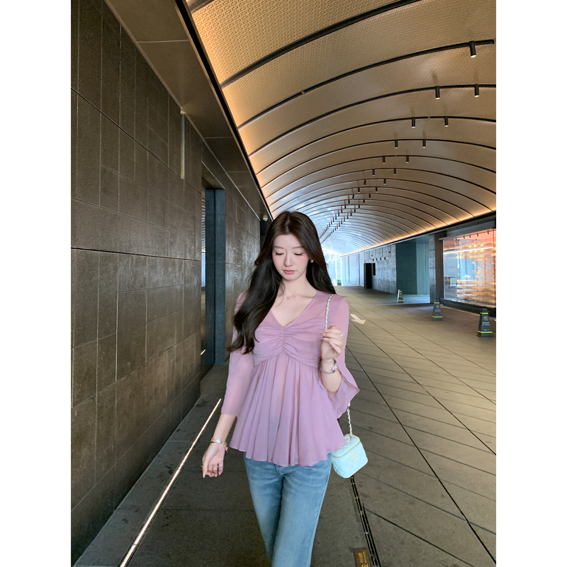 1Xtwo Fairy Mist Sheer French V-Neck Flared Sleeve Shirt for Women, Lightweight and Slightly See-Through with Pleated Hem Top 1Xtwo Fairy Mist Sheer French V-Neck Flared Sleeve Shirt for Women, Lightweight and Slightly See-Through with Pleated Hem Top