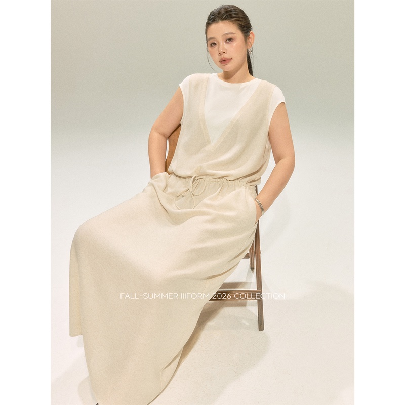 Iiiform "Linen Regenerated Cellulose Fiber" Plus Size Minimalist Old Money Fake Two-Piece T-Shirt Dress