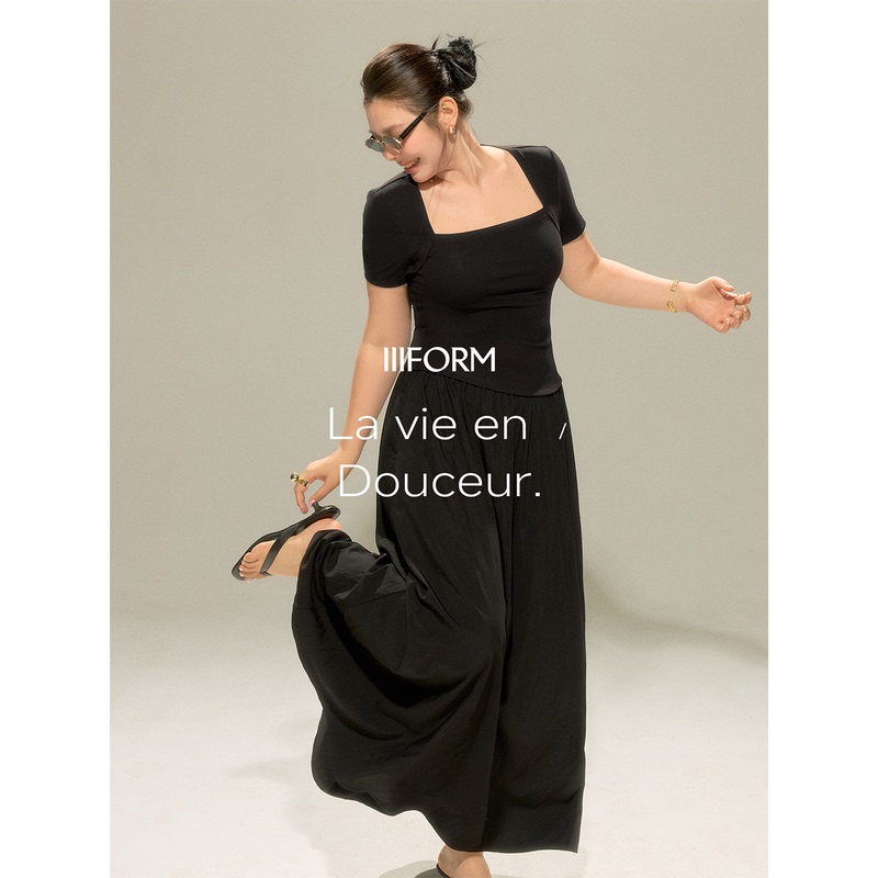 Iiiform Plus-Size Minimalist Elegant High-End Patchwork Square-Neck Waist-Cinching Slimming Flared Dress