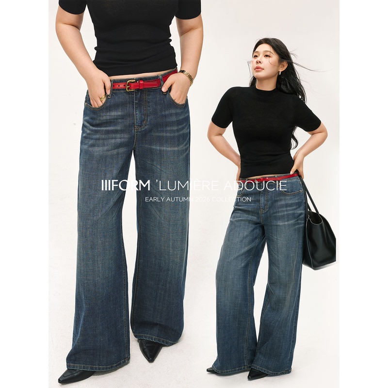 Iiiform Combed Cotton Plus-Size Minimalist Vintage Washed Whiskered Natural Waist Loose Wide-Leg Jeans