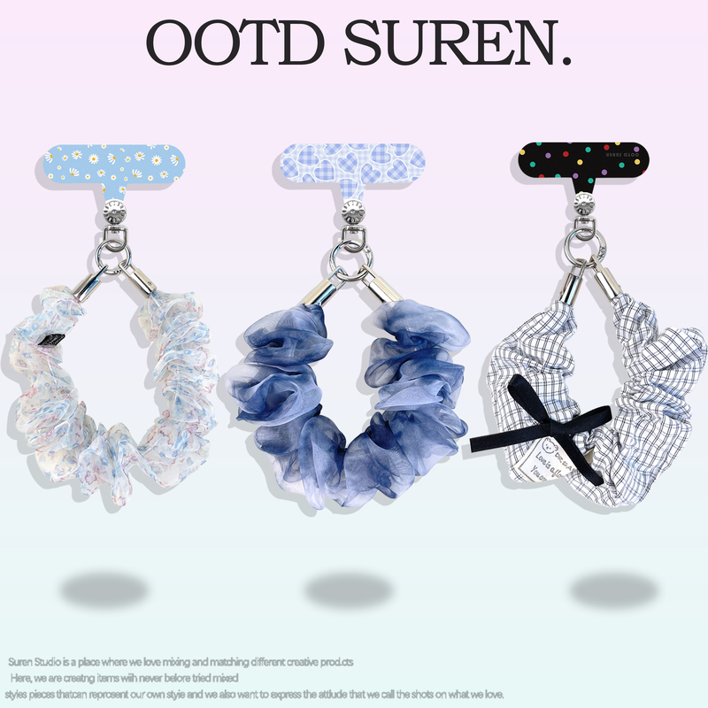 Gentle Organza Scrunchie Lanyard with Floral and Plaid Patterns, Multiple Options Available, Double Buckle, Portable Anti-Loss Wrist Strap Accessory