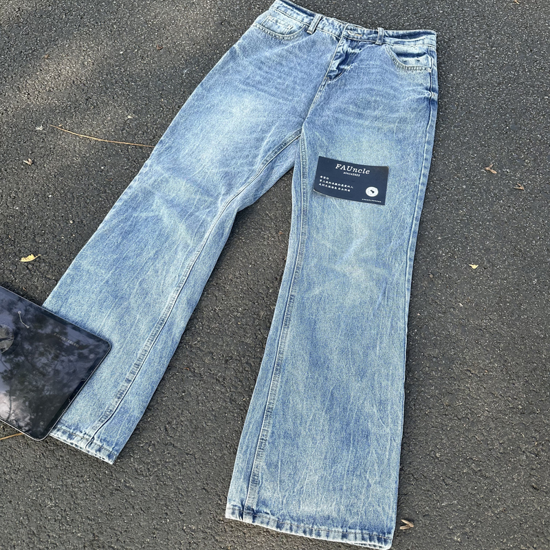 Fauncle Heavy Industry Lightning Wave Pattern Ice Blue Denim Straight-Leg Slightly Flared Fit Unisex Fauncle Heavy Industry Lightning Wave Pattern Ice Blue Denim Straight-Leg Slightly Flared Fit Unisex