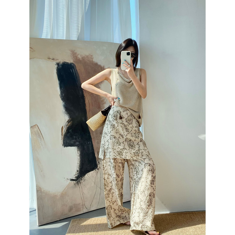 Meraki Bohemian Vacation Style Retro Paisley Print Faux Two-Piece Draped Straight Wide-Leg Pants for Women Summer Meraki Bohemian Vacation Style Retro Paisley Print Faux Two-Piece Draped Straight Wide-Leg Pants for Women Summer