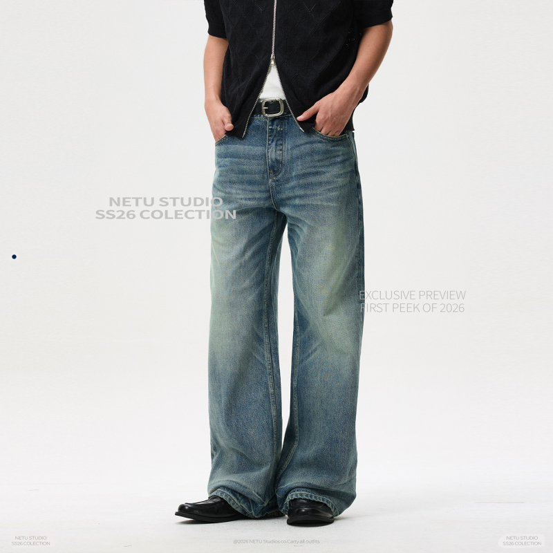 Netu【“Blue Shark”】Red-Brown Horsehair Label 14oz Laser Washed Jeans for Men, Loose A-Line Pants