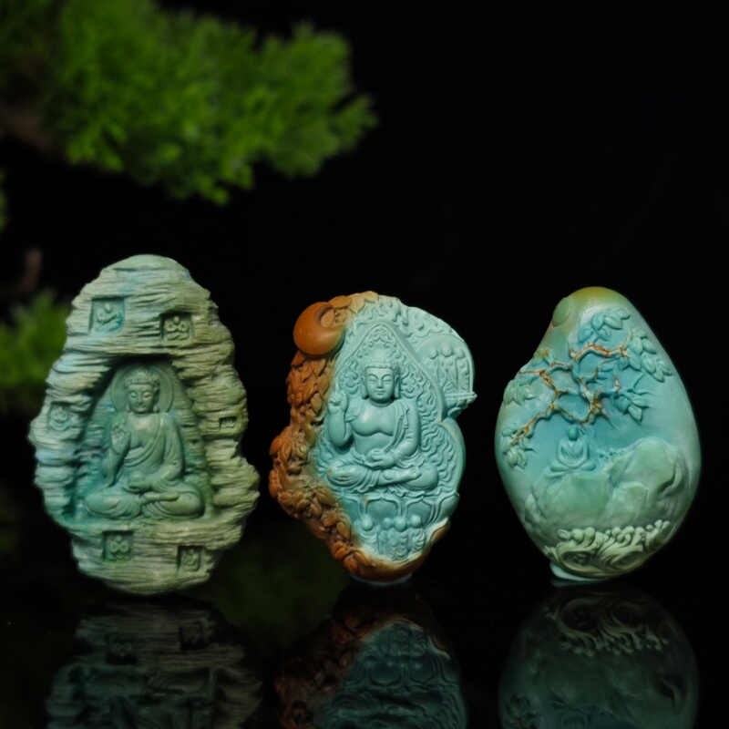 Luolaisi's Original Design Hubei Shiyuan Natural Turquoise High-Porcelain Finely Carved Buddha Pendant Necklace DIY Pendant Luolaisi's Original Design Hubei Shiyuan Natural Turquoise High-Porcelain Finely Carved Buddha Pendant Necklace DIY Pendant