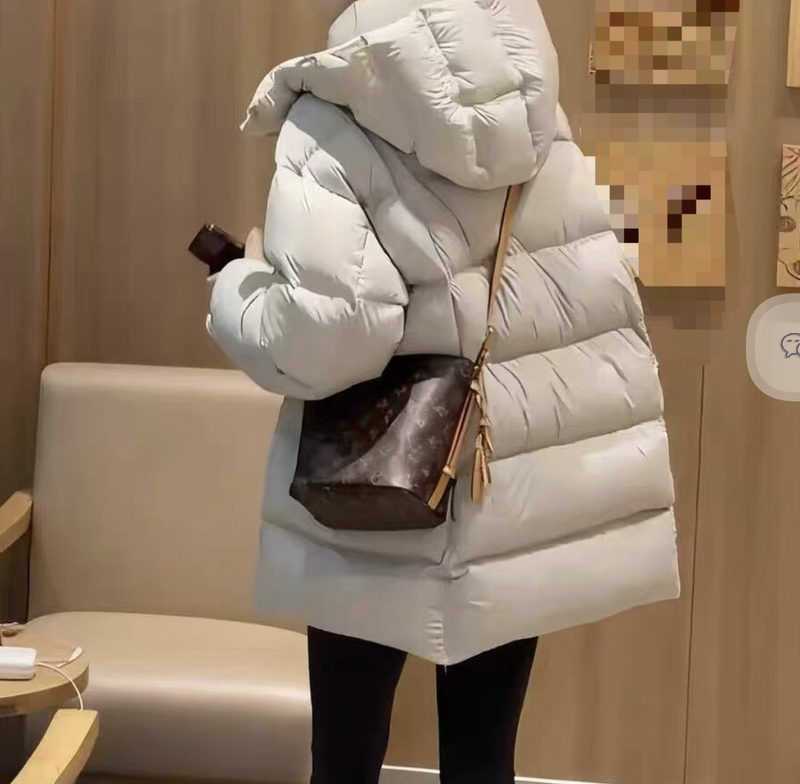 Hy Cloud-Like Puff Patchwork Leather Women's Mid-Length down Jacket