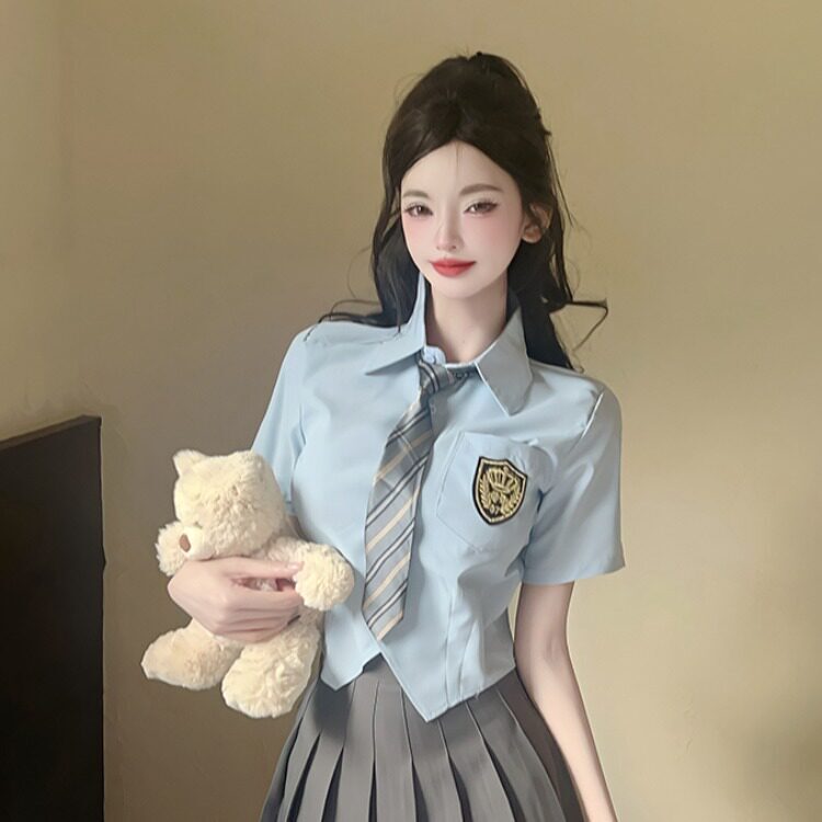 Summer College Style Jk Uniform Blue Short-Sleeved Shirt for Female Students with Waist-Cinching and Age-Reducing Striped Tie Short White Shirt Summer College Style Jk Uniform Blue Short-Sleeved Shirt for Female Students with Waist-Cinching and Age-Reducing Striped Tie Short White Shirt