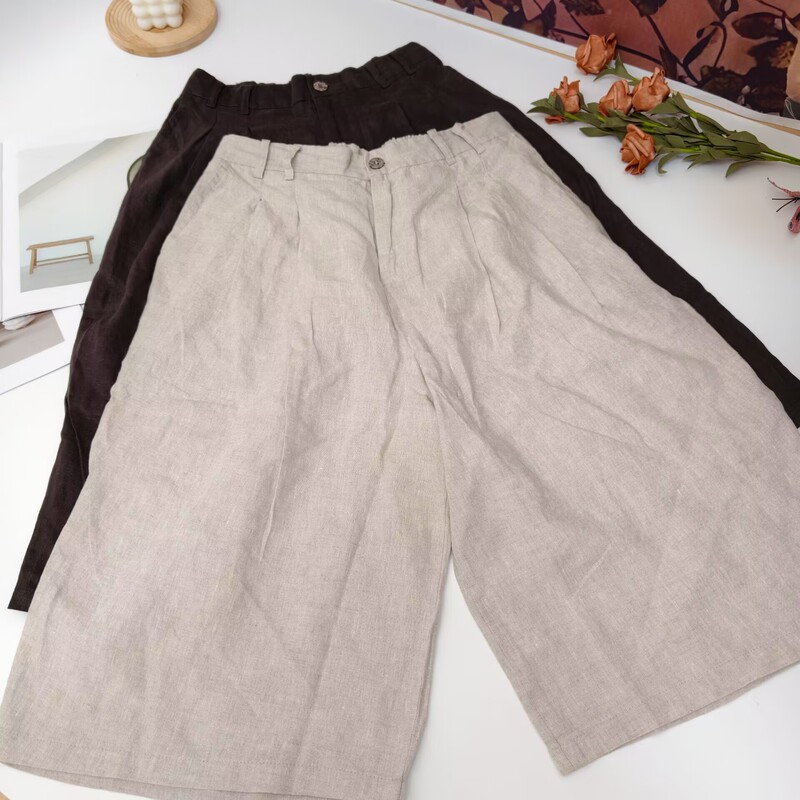 Hemp Capri Pants: Shuangyu 21 Series Buttoned Fashionable Versatile Women's Petite Capri Wide-Leg Pants, Skin-Friendly and Breathable