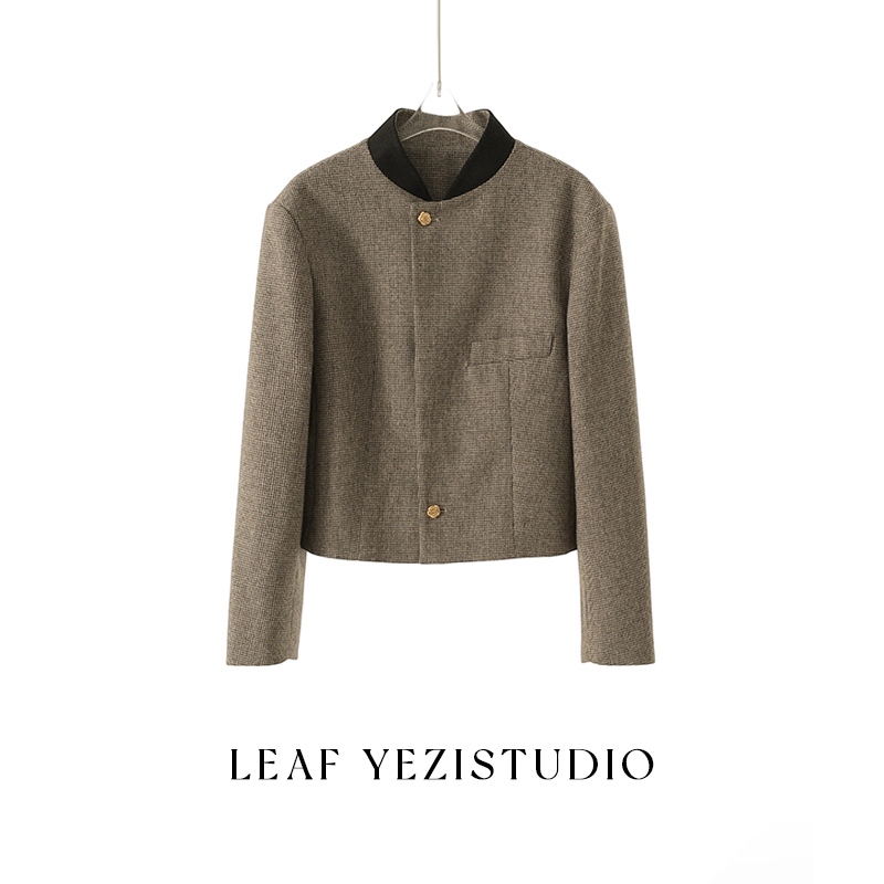 [Outer Bund Memory] Wool Houndstooth Classic Versatile Short Box-Shaped Small Stand-Up Collar Blazer 26302006