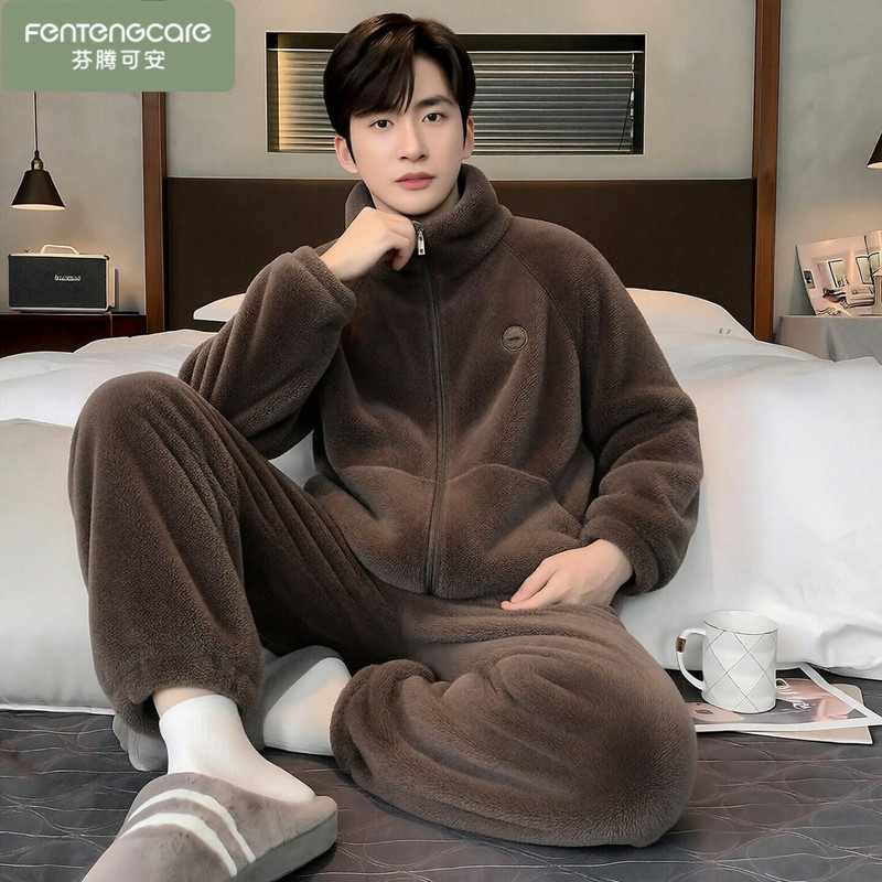 Fenten Ke'An Winter Men's Pajamas, Thickened Flannel, Winter Men's Style, Suitable for Teenagers, Can Be Worn Outside, Trendy Loungewear