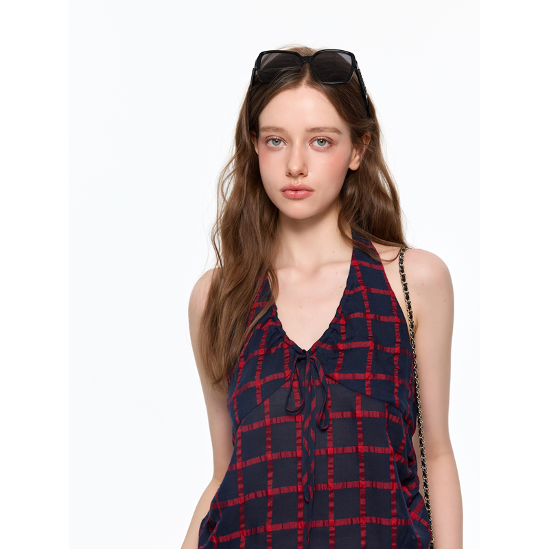 Limited Edition Jovvi "American Holiday" Japanese Imported Fabric Navy Red Plaid Halter Neck Casual Camisole