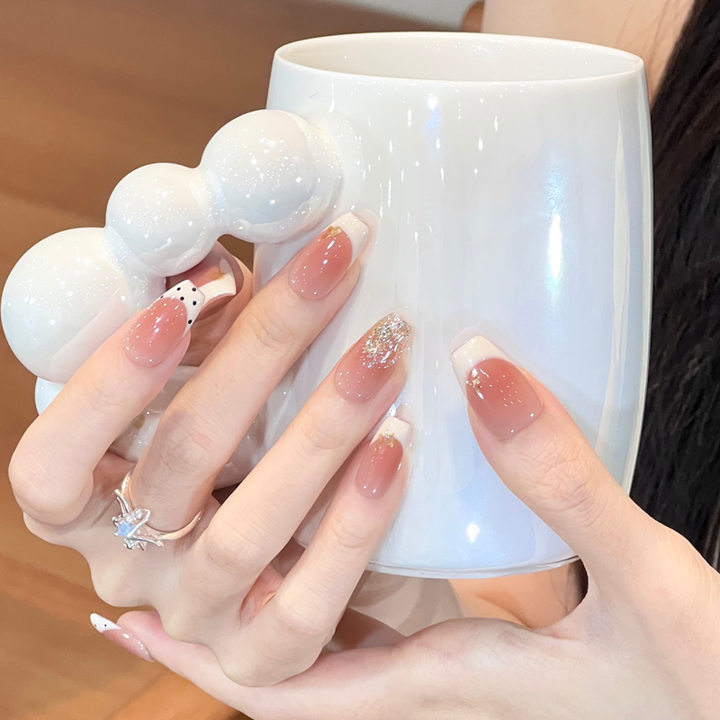 Korean-Style Polka Dot Milk White French Handmade Wearable Nails in Nude Coffee Color, Short Design, Enhances Complexion, High-End Nail Tips Korean-Style Polka Dot Milk White French Handmade Wearable Nails in Nude Coffee Color, Short Design, Enhances Complexion, High-End Nail Tips