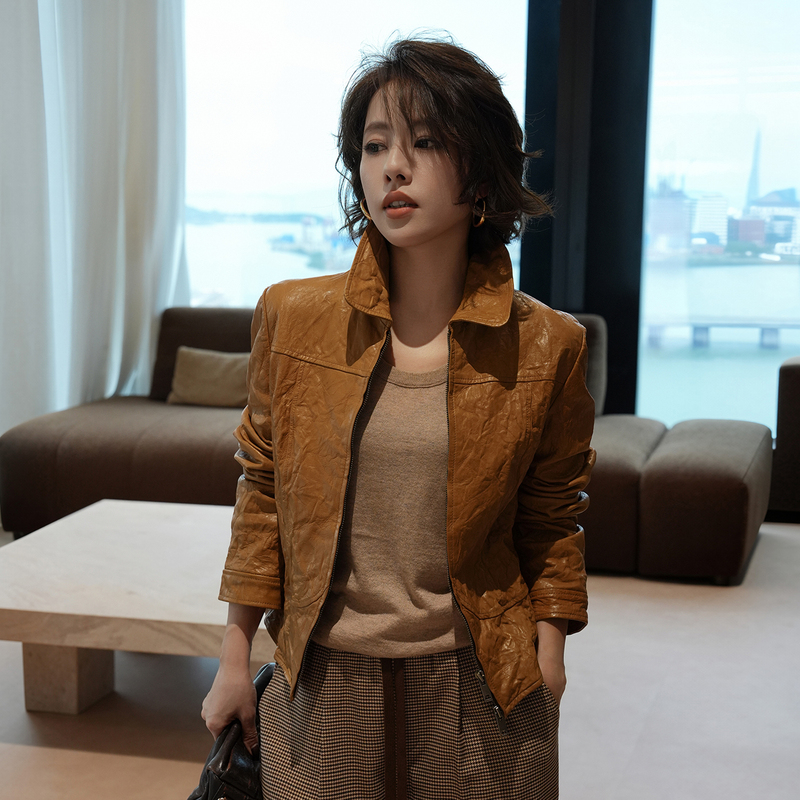 Boss Wei [Mousse] British Imported A-Grade Vegetable-Tanned Oil-Waxed Goat Leather Short Jacket High-End Leather Jacket