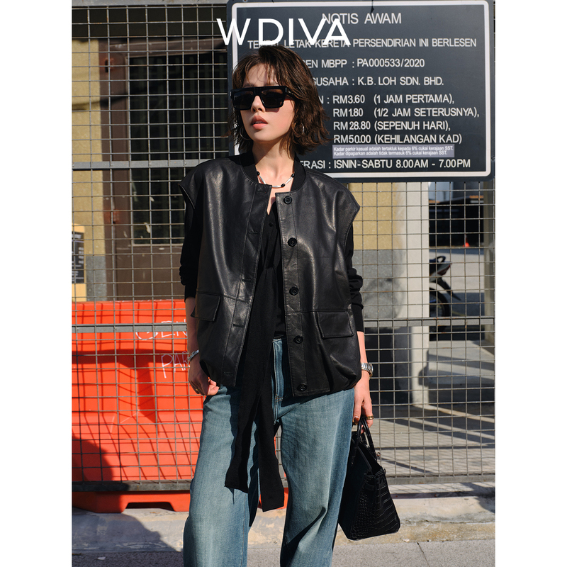 Boss Wei【Precious】Sheepskin Layered Hem with Ruffled Pleats and Flap Pockets Leather Vest Jacket Dwasld0956