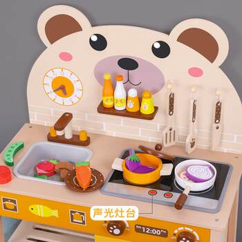 Wooden children's play house set cooking kitchen utensils barbecue stove refrigerator set simulation sound and light kitchen 181 play
