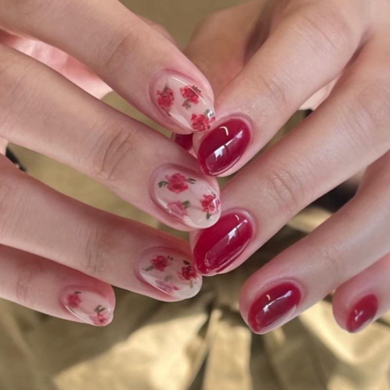 2026 New Style Rose Red Floral Press-On Nails, Handmade Short Simple Hailey Manicure, High-End Stunning Almond Nails 2026 New Style Rose Red Floral Press-On Nails, Handmade Short Simple Hailey Manicure, High-End Stunning Almond Nails
