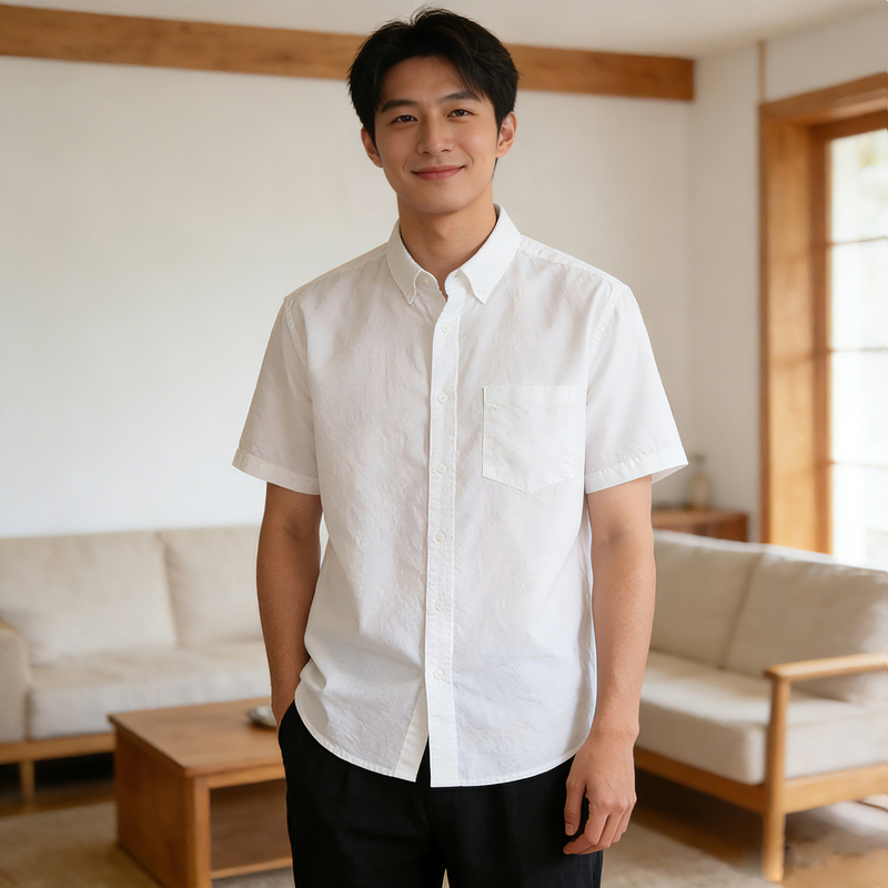 Summer Pure Cotton Oxford Men's Short-Sleeved Shirt, Casual Cotton Jacket for Young and Middle-Aged People, Striped Blue and White Shirt Top Summer Pure Cotton Oxford Men's Short-Sleeved Shirt, Casual Cotton Jacket for Young and Middle-Aged People, Striped Blue and White Shirt Top