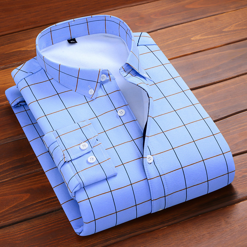 Winter Fleece-Lined Thickened Warm Shirt Men's Long-Sleeved Fleece-Lined Thickened Striped Plaid Shirt Business Casual Top