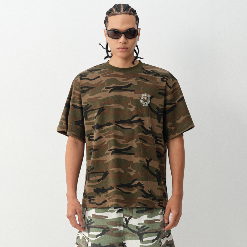 Realg2026 Washed Camouflage Short-Sleeved T-Shirt with Printed Retro Loose Top on the Back