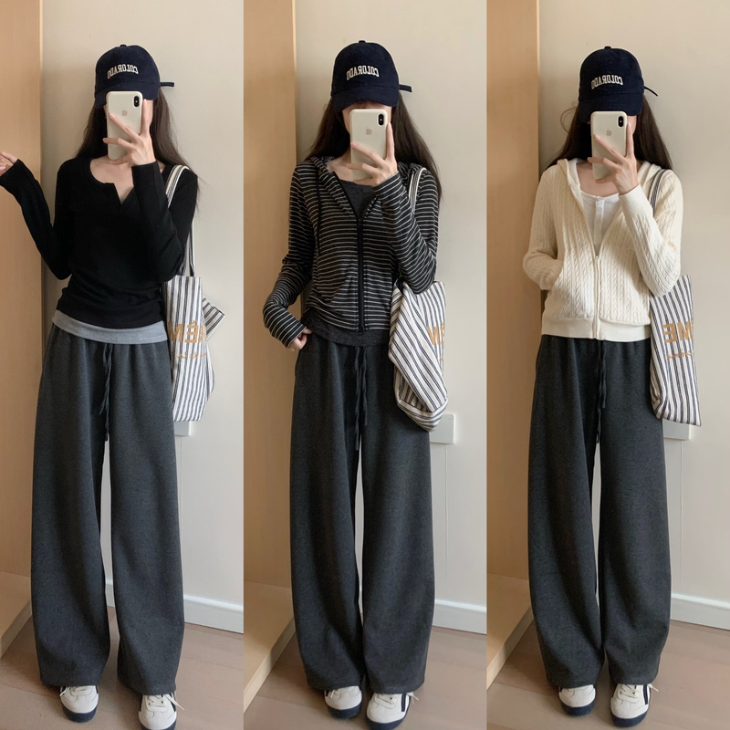 Korean-Style Lazy Style Drawstring High-Waisted Wide-Leg Versatile Straight-Leg Casual Pants Korean-Style Lazy Style Drawstring High-Waisted Wide-Leg Versatile Straight-Leg Casual Pants