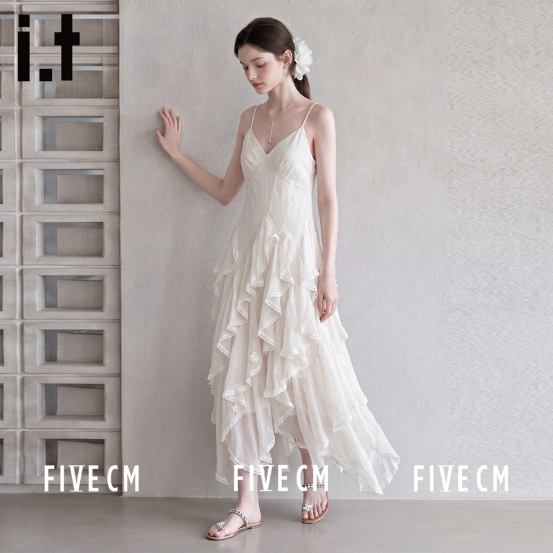 5cm French-Style White Mesh Spaghetti Strap Dress for Women, Summer Thin Ruffle Waist-Cinching Slimming Versatile Long Dress 5cm French-Style White Mesh Spaghetti Strap Dress for Women, Summer Thin Ruffle Waist-Cinching Slimming Versatile Long Dress