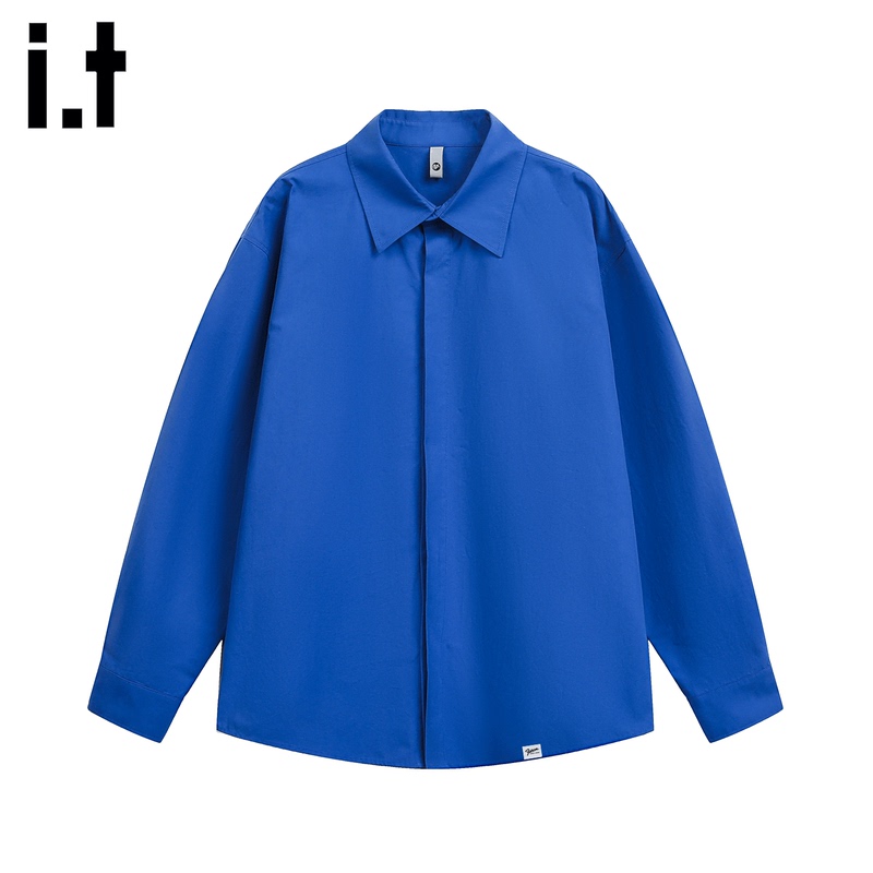 5cm Long-Sleeve Shirt for Men, Autumn Klein Blue, Loose, Simple, Solid Color, Versatile, Turn-Down Collar, Casual Top Jacket