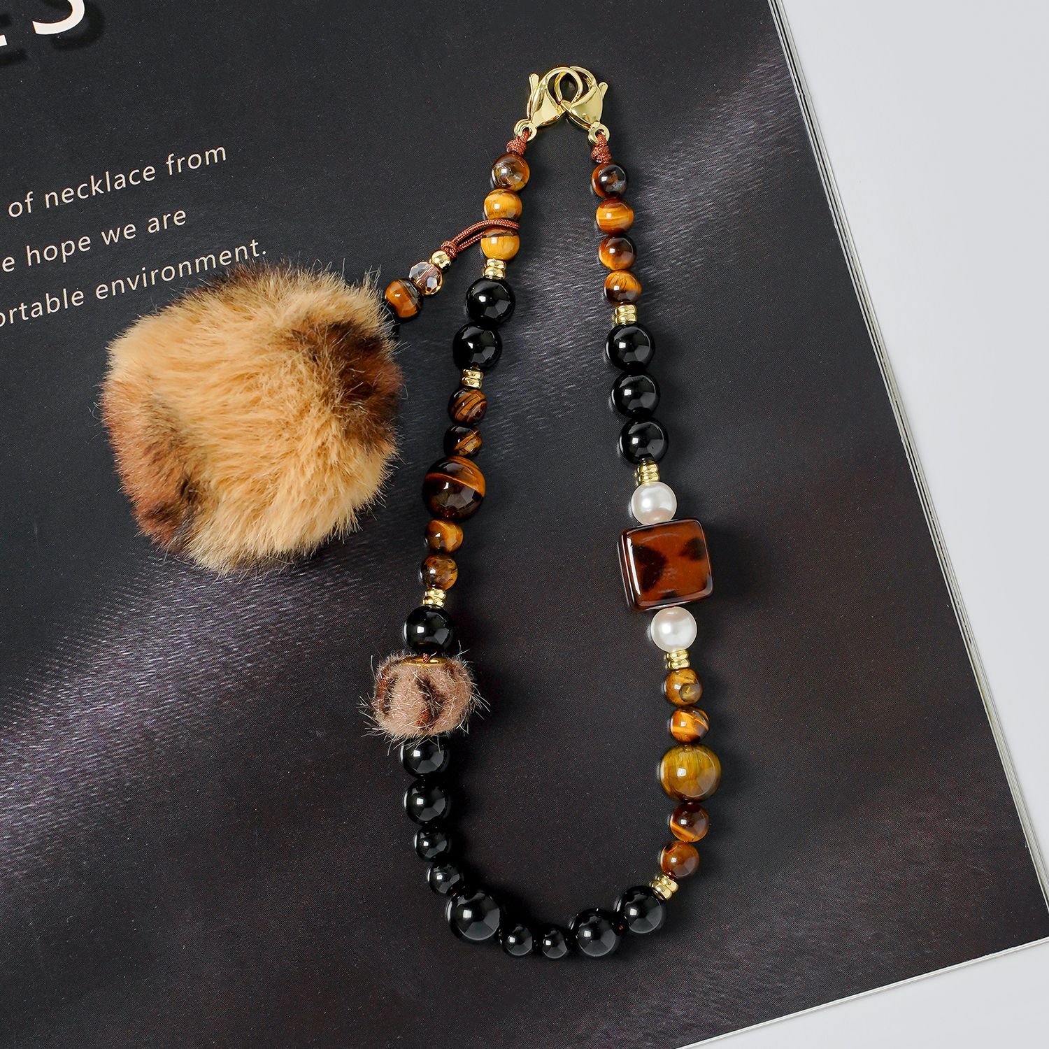 Linkloop premium tiger's eye pearl phone charm chain with leopard print pom-pom autumn/winter trendy phone strap/bag charm