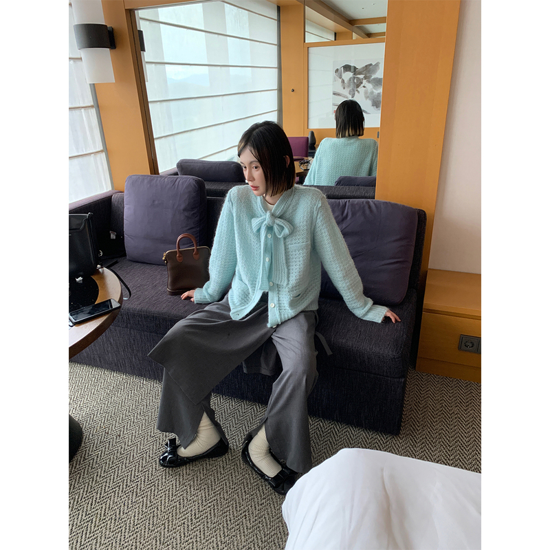 Mona Zhang Qixian Wool Mohair Cardigan with Textured Hollow Design Knit Sweater Coat