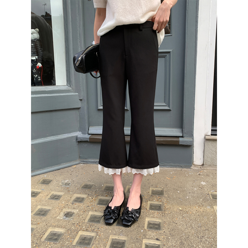 Mona Zhang Qixian Cloud Stroll Flared Pants/Hollow Lace Wave Edge Eight-Point Pants French Retro Trousers