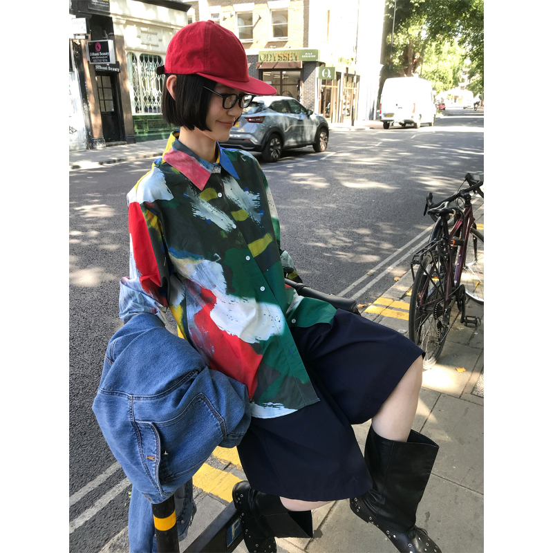 Mona Zhang Qixian Oil Painting Shirt/English Retro Graffiti Oil Painting Style Color-Blocking Lapel Silhouette Long-Sleeve Cardigan Autumn