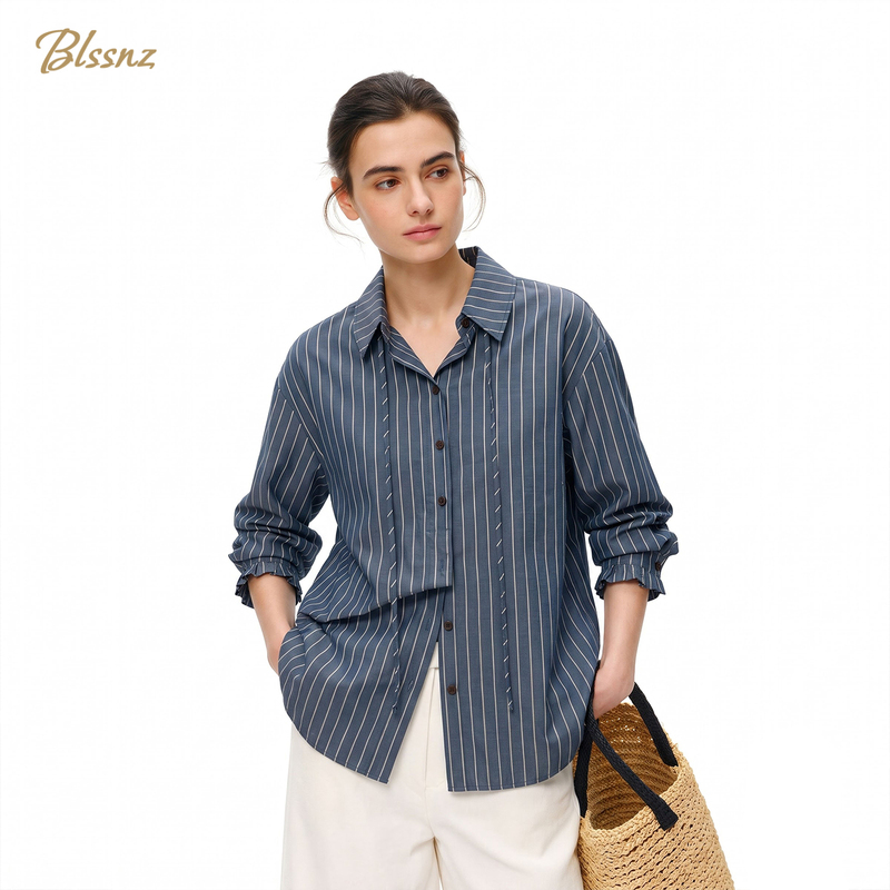 Casual Style Striped Long-Sleeve Shirt for Women, 2026 Autumn Korean Style, Ruffled Cuffs, Loose Fit, Versatile Top, Trendy Casual Style Striped Long-Sleeve Shirt for Women, 2026 Autumn Korean Style, Ruffled Cuffs, Loose Fit, Versatile Top, Trendy