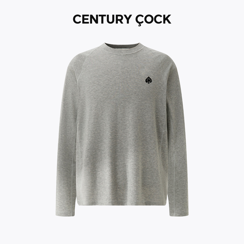 Century Rooster Genuine Lyocell Tencel Wool Knit Heart Embroidery Long-Sleeve T-Shirt for Men, Autumn Round Neck Top