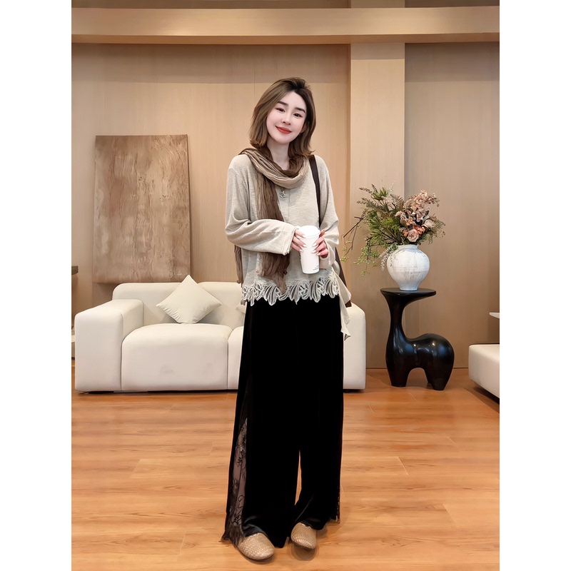 Nine Nine Nine | 【Ink Rose】High-Slit Elegant Lace Spliced Velvet Casual Straight-Leg Pants D4430 Nine Nine Nine | 【Ink Rose】High-Slit Elegant Lace Spliced Velvet Casual Straight-Leg Pants D4430