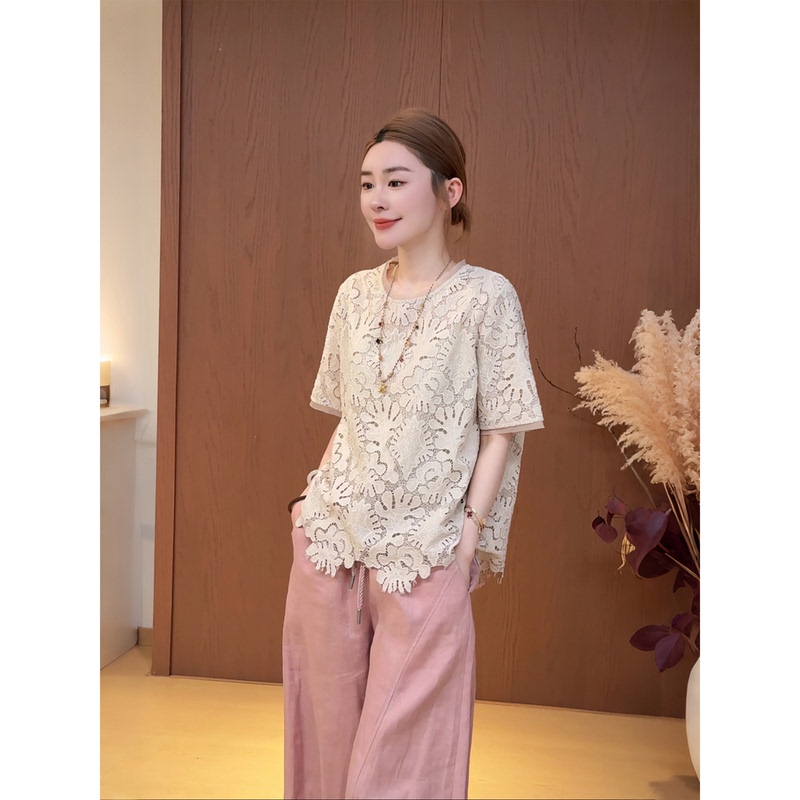 Nine Nine【Evening Smoke Semi-Transparent】Summer Original Style Hollow Lace Top Short Sleeve 2605D3042