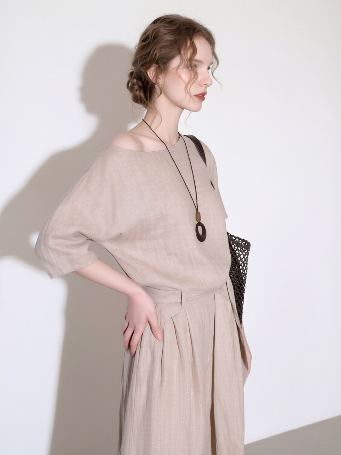 Apricot gray sloped collar Tencel shirt wide-leg pants two-piece set for women 2026 summer new temperament commuter style suit