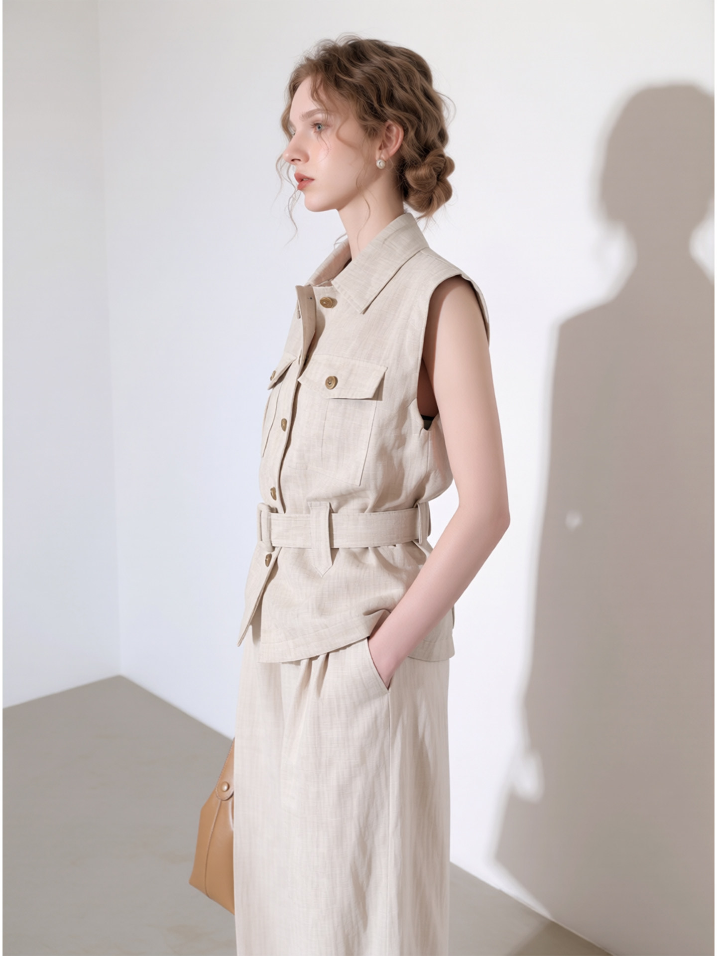 Hemp natural color sleeveless lapel vest wide leg pants suit for women 2026 summer new style waist commuting two-piece set