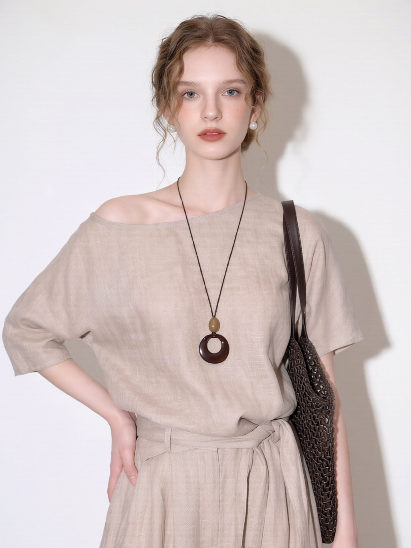 Apricot gray sloped collar Tencel shirt wide-leg pants two-piece set for women 2026 summer new temperament commuter style suit