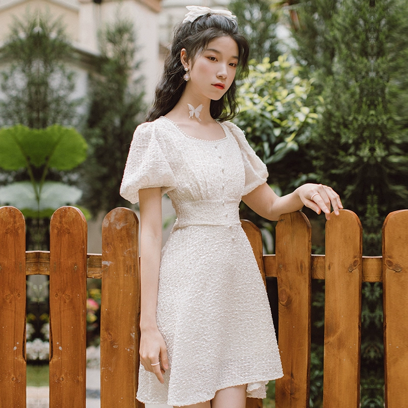 Khí chất retro ngọc trai cổ vuông nhỏ tươi mát váy nữ cạp cao mỏng một đường váy váy phổ biến mùa hè 2021 - Váy eo cao