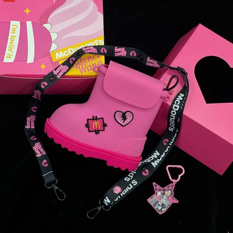Mcdonald's Collaboration with Wang Sulong: Pink Boot-Shaped Bag Charm, Pink Rain Boot Crossbody Bag with a Dragon Design