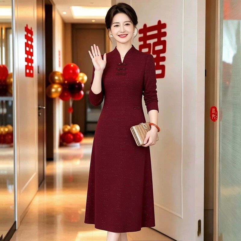 Elegant Petite Dress for Mother-In-Law, Noble Cheongsam Dress, 2026 New Spring and Autumn Base Dress, October Mother's Wedding Banquet Outfit Elegant Petite Dress for Mother-In-Law, Noble Cheongsam Dress, 2026 New Spring and Autumn Base Dress, October Mother's Wedding Banquet Outfit