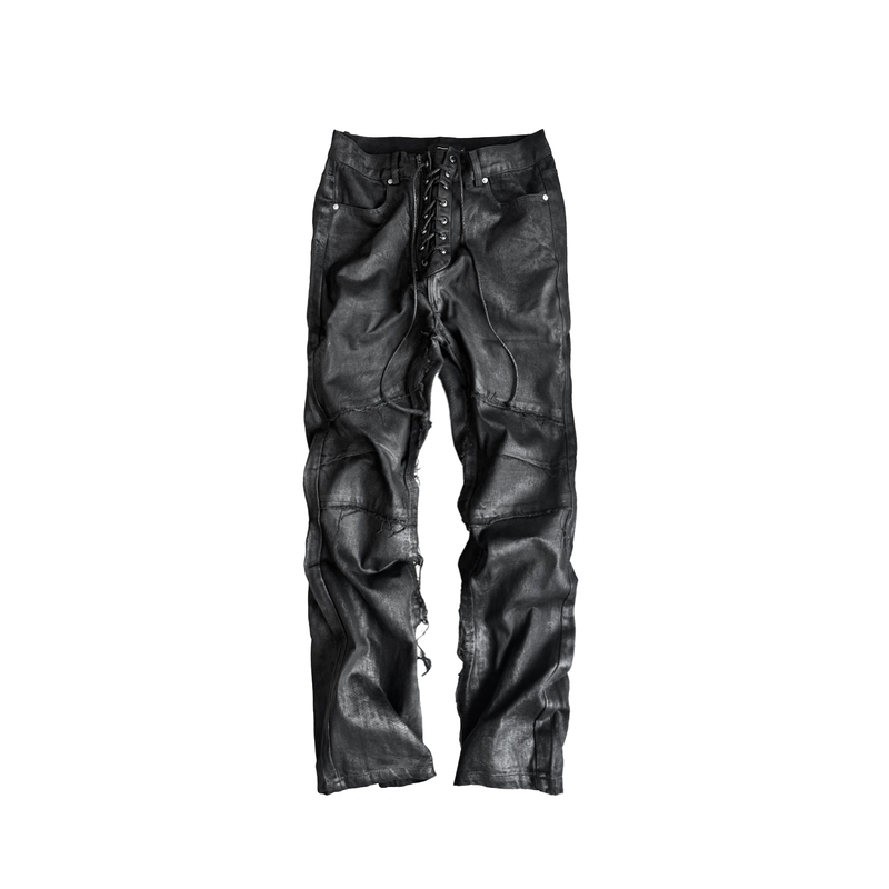 Cindervein Tie-Up U-Shaped Structure Zipper Fly Hand-Painted Pu Rubber Stopper Straight-Leg Jeans