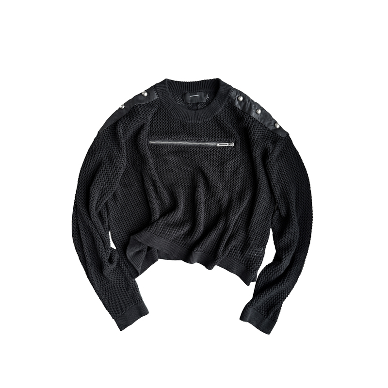 Cindervein Zip-Up Rivet Patchwork Sweater with Thick Yarn and Hollow-Out Dark Punk Pullover Knit Top Cindervein Zip-Up Rivet Patchwork Sweater with Thick Yarn and Hollow-Out Dark Punk Pullover Knit Top