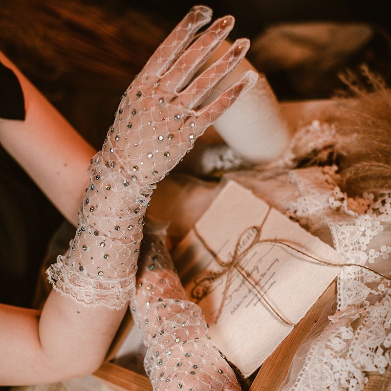 Lace Gloves, White Lace with Rhinestones, Thin Long Gloves for Wedding Dresses, Birthday Parties, Super Fairy-Style Dress Accessories, Photo Studio Lace Gloves, White Lace with Rhinestones, Thin Long Gloves for Wedding Dresses, Birthday Parties, Super Fairy-Style Dress Accessories, Photo Studio