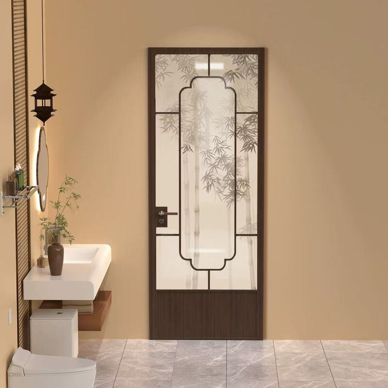 2026 New Model Song-Style Aesthetic Walnut Bathroom Door, New Chinese-Style Glass Swing Door, Aluminum Alloy Sliding Door