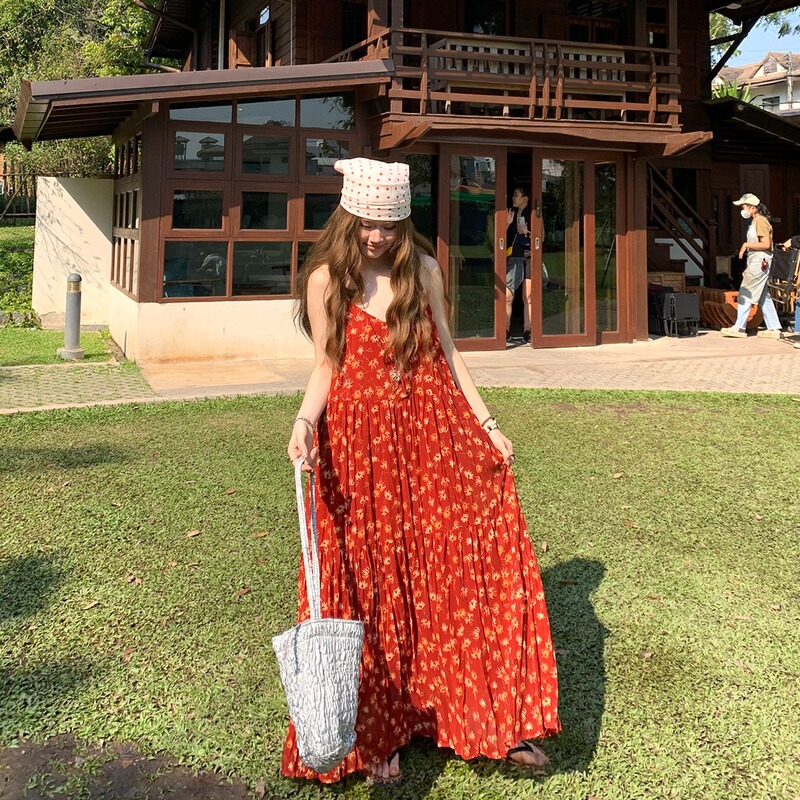 Plus Size Fat Girl Retro Red Bohemian Dopamine Dress Women's Summer New Holiday Style Floral Long Dress Plus Size Fat Girl Retro Red Bohemian Dopamine Dress Women's Summer New Holiday Style Floral Long Dress
