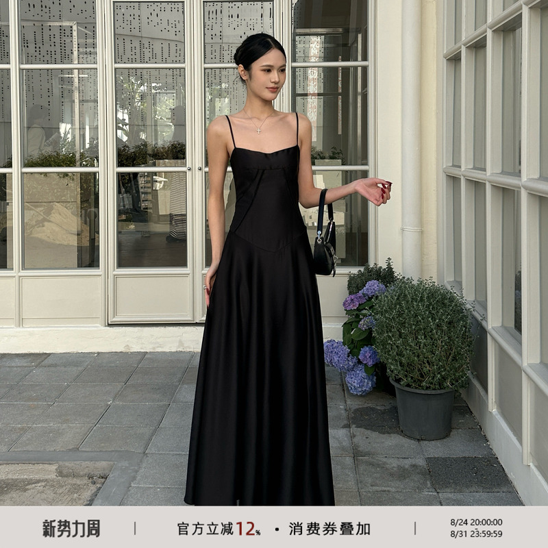 202Ventus French Satin Black Spaghetti Strap Dress, Suitable for Everyday Wear, Birthday Mini Dress, Waist-Cinching A-Line Long Dress 202Ventus French Satin Black Spaghetti Strap Dress, Suitable for Everyday Wear, Birthday Mini Dress, Waist-Cinching A-Line Long Dress