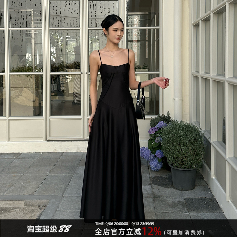 202Ventus French Satin Black Spaghetti Strap Dress, Suitable for Everyday Wear, Birthday Mini Dress, Waist-Cinching A-Line Long Dress 202Ventus French Satin Black Spaghetti Strap Dress, Suitable for Everyday Wear, Birthday Mini Dress, Waist-Cinching A-Line Long Dress