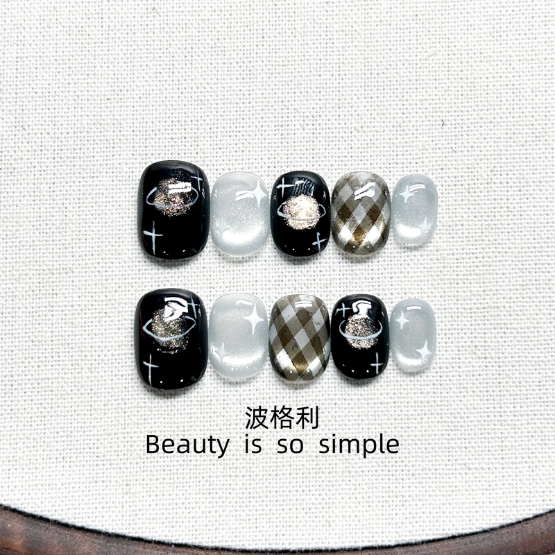 Bogli Short Style Handmade Nail Patches Dark Style Hand-Painted Planet Pattern Niche High-End Fake Nails
